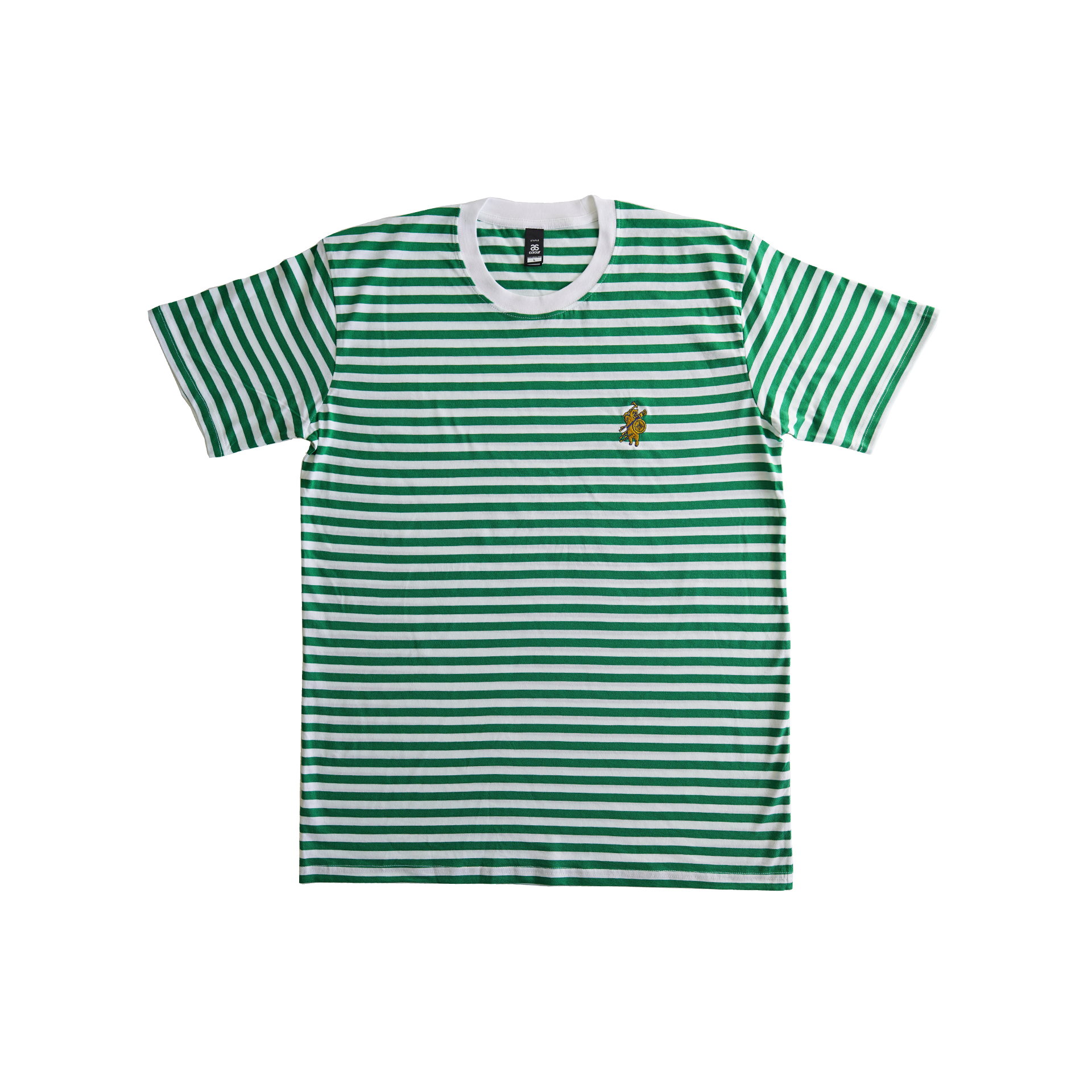 BATTLE BEAR - EMBROIDERY -  GREEN AND WHITE STRIPE T-SHIRT