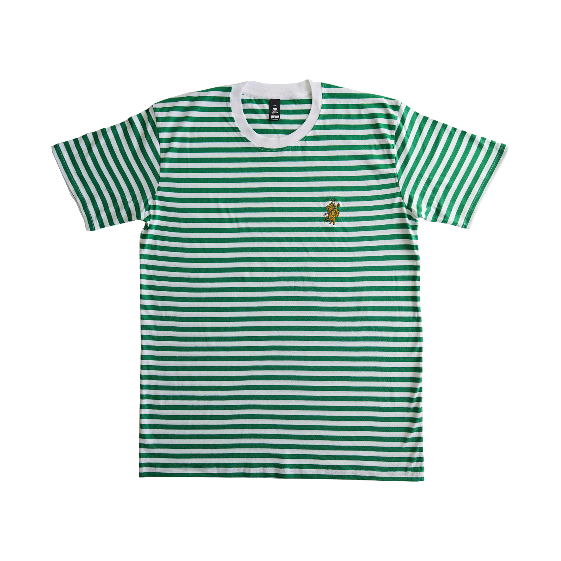 BATTLE BEAR - EMBROIDERY -  GREEN AND WHITE STRIPE T-SHIRT