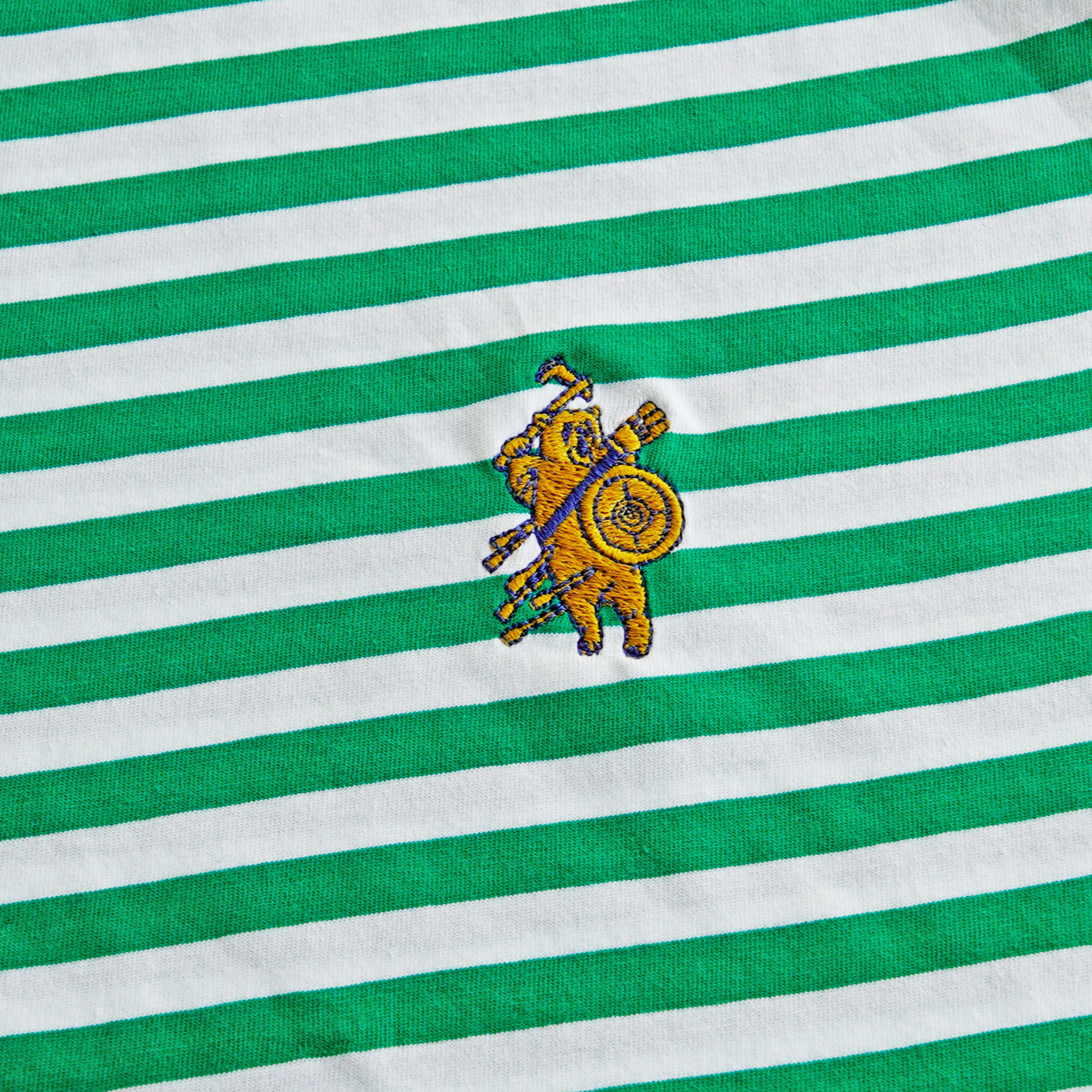 BATTLE BEAR - EMBROIDERY -  GREEN AND WHITE STRIPE T-SHIRT