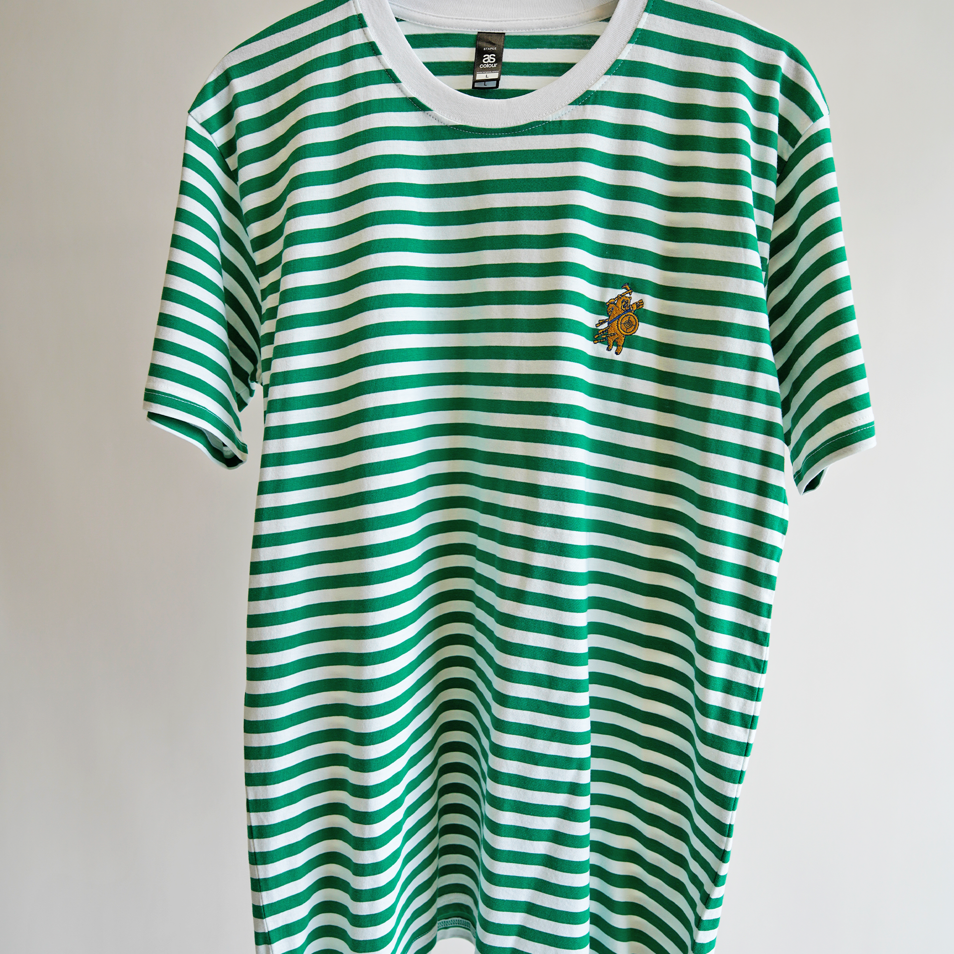 BATTLE BEAR - EMBROIDERY -  GREEN AND WHITE STRIPE T-SHIRT